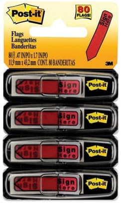 Post-it Message Flags,"Sign Here", Red, 0.47 in. Wide, 20/Dispenser, 4 Dispensers/Pack, (684-RDSH), Pack of 4