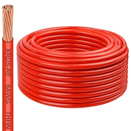 Image of 6 Gauge THHN Wire, 100FT Red Stranded Copper Electrical Wire, 600V, Heat & Oil Resistant, Nylon Sheath Building Wire for Indoor /Outdoor Use