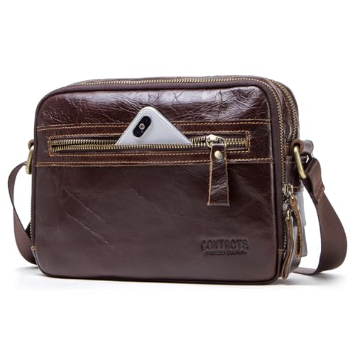 Top Grain Genuine Oil Leather 8.3" Crossbody Bag for Man & Woman, Multi Pockets & Adjustable Strap, Retro Handmade Fits 7.9" iPad, Portable Messenger Bag for Daily/Business/Travel Use, Red Coffee