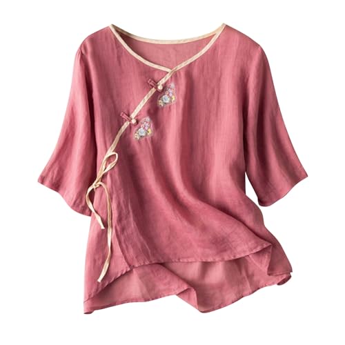 ANHATUIV Cotton Linen Half Sleeve Embroidery Shirt Women Vintage Cheongsam Tops Hanfu Chinese Traditional Tang Suit Zen Tea Button Up Blouses Ladies Elegant Oversized Shirts Pink M 1