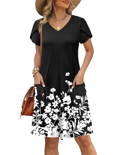Image of OFEEFAN Womens Summer Dresses 2026 Tulip Petal Short Sleeve V Neck Loose Swing Sundresses with Pockets Plain /Print