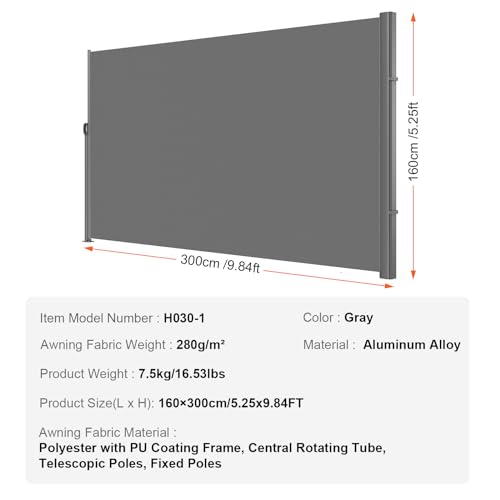 VEVOR Retractable Side Awning, UV 50 63''x 118'' Full Aluminum Rust-Proof Outdoor Privacy Screen, 280 g Thicken Folding Room Divider Wind Screen, for Patio Sun Shade, Backyard, Balcony, Gray by VEVOR - Image 7
