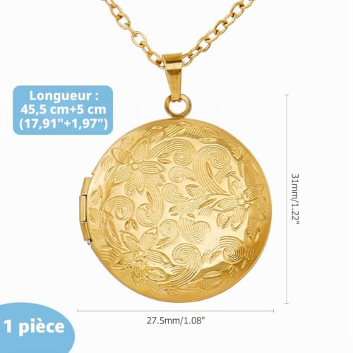 Hobbspring Collier médaillon photo vintage avec pendentif en acier inoxydable pour femme et femme, 45.5 cm, Acier inoxydable – vue 2