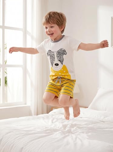 Image of Little Boys Short Set Pajamas for Boys 100% Cotton Toddle Firetruck Dinosaur Sleepwear Summer Clothes Size 2-7T