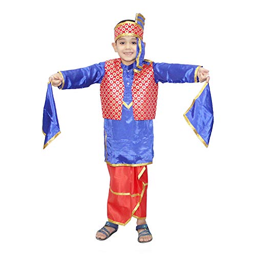 Image of Kaku Fancy Dresses Indian State Punjabi Folk Dance Costume for Kids /Bhangda Gidda Dance Costume for Boys - Red & Blue, 3-4 Years,Polyester