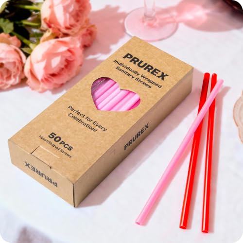 Image of 50pcs Heart Shaped Pink Straws 8mm Individually Wrapped Disposable Straws