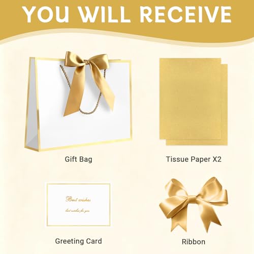 Image of JMANNI Gift Bags with Handles, 13 inch Medium Gift Bags with Tissue Paper | 1 Pcs White Bag, 2 Tissue Paper and 1 Cards, for Baby Shower, Wedding Bridal Shower, Birthday Party