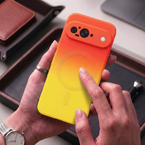 Image of amazon basics Gradient Mag-Safe Case for Google Pixel 9 | Soft Silicone Shockproof Cover with Camera Protection | Slim Lightweight Design | Smooth Touch & Durable - Orange & Yellow