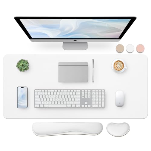 Image of Bloss Leather Desk Pad and Keyboard Wrist Rest, Large Mouse Pad + Keyboard Pad+Mouse Wrist Support, Non-Slip Desk Mat Protector for Office, Home (35.4x15.7 Inches,White)