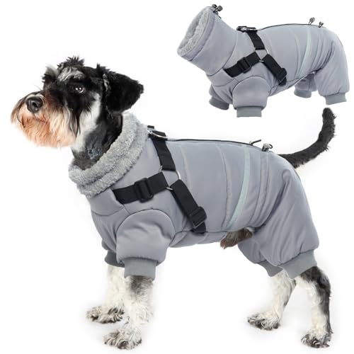 Wintermantel Mit Geschirr für Hunde - Reflektierende Wasserdichte Winterjacke, Thermomantel, Winddichte Warme Fleece Weste, Hundeanzug, Winter Pyjama (Grau, L)