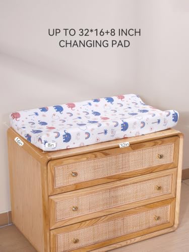 Image of TILLYOU Changing Pad Cover Set in Soft Jersey Material - Fits 32 inch /34''x16 Contoured Pad for Babies, Elephant Rainbow