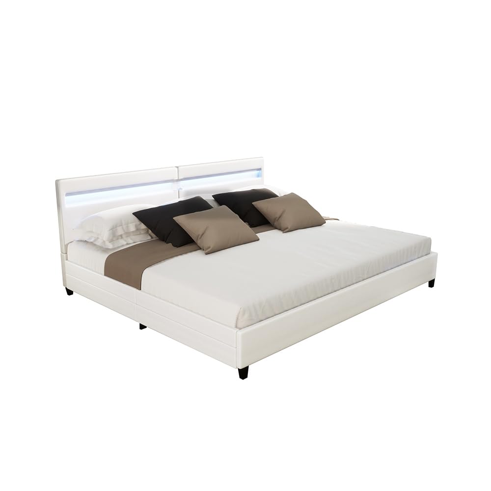 Home Deluxe - Letto LED NUBE - bianco, 200 x 200 cm - inclusa rete a doghe e cassetti I letto imbottito letto design inclusa illuminazione