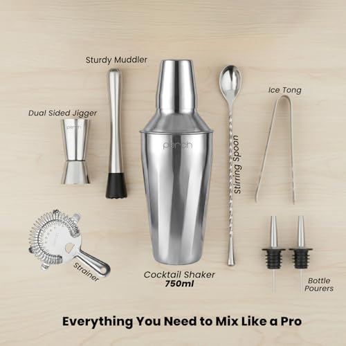 Image of O' Holic by Perch Craft 8-Piece Stainless Steel Bartender Kit|Premium Cocktail Shaker Set with Jigger 30 /60ml, Spoon,Pourer,Ice Tong, & Bar Tools|Professional Bar Set for Home &Tour Parties|Silver