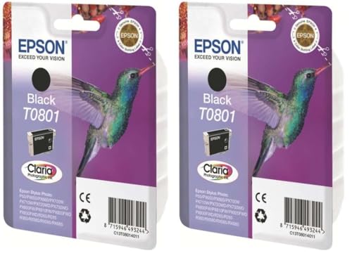 Epson T0801 Black Hummingbird Genuine Ink, Claria Photo HD Ink Cartridge (Lot de 2)