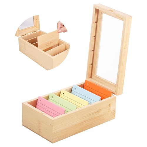 Huiguli A7 Karteikarten Box Holz mit Deckel Transparent 22cm*13cm*9cm Vokabelbox Lernkarteibox mit 5 Fächer für Büro Schulen und Heim（Karteikarten Nicht im Enthalten）