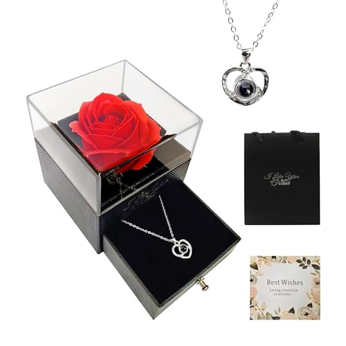 preserved red rose in a acrylic box with i love you necklace gift set2