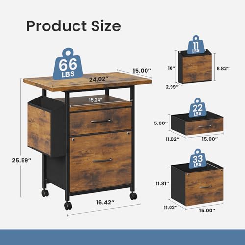 Image of Simple Deluxe 2 Drawer File Cabinet with 24 inch Extended Desktop, Mobile Filing Cabinet, Rolling File Cabinet with Side Bag, Fabric Drawer, Fits A4 /Letter Size, Printer Stand Home Office, Brown