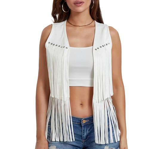 Womens Fringe Vest Sleeveless Open Front Western Jackets Faux Suede Tassel Waistcoat 70s Hippie Vest Outerwear