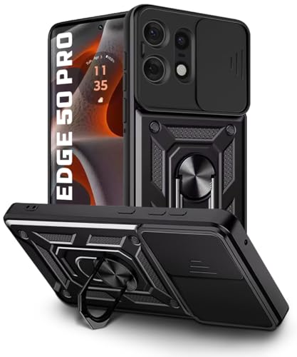 Image of WOW IMAGINE Tough Armor Bumper Mobile Back Case for Motorola Moto Edge 50 Pro | Sliding Camera Shield Cover | Shock Proof 360 Protection | Hybrid PC + TPU | Ring Holder with Kickstand - Black