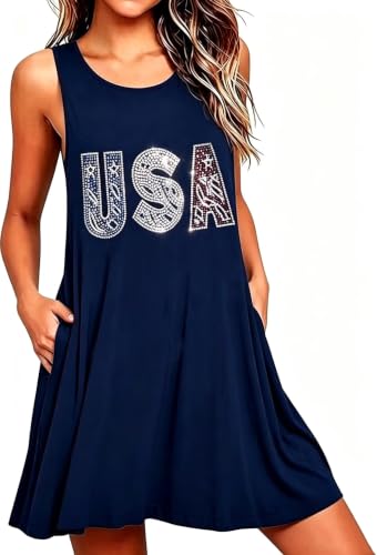 Image of Roshop Womens Juneteenth Flag Sleeveless Dress 4th of July Patriotic Swing Sundress with Pockets