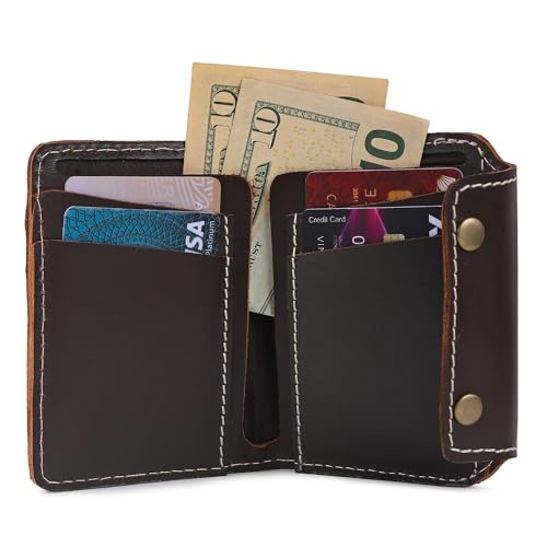Image of Handmade Raw Leather Wallet for Men and Women | Snap Button Closure | Bifold with Card Slots and Cash Pocket | Slim Genuine Cognac Crunch Leather | Travel Office Carry | Coffee Brown