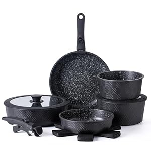 Country Kitchen 13 Piece Pots and Pans Set – Safe Nonstick Kitchen Cookware with Removable Handle, RV Cookware Set, Oven Safe (Rhombus, Black)