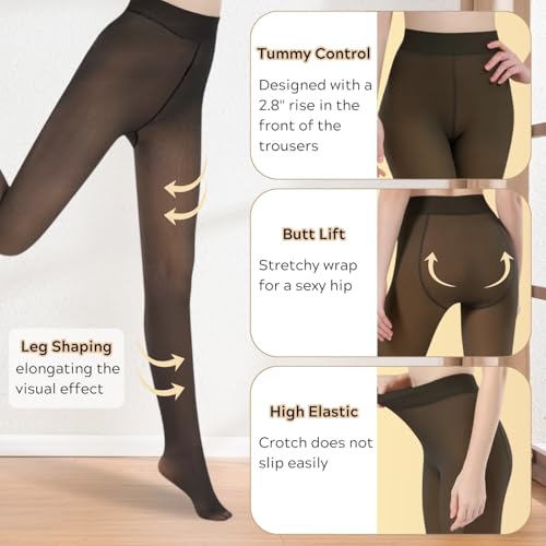 Fleece Lined Tights for Women, Warm Fake Sheer Pantyhose Leggings Thick Translucent Thermal Stockings2