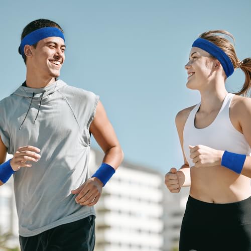 Image of 24 Pieces 80s Neon Sweatbands Set, Include 8 Sports Headbands and 16 Sweat Wristbands Elastic Athletic Tennis Sweat Bands Bulk for Man Woman