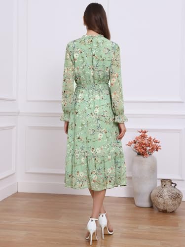 Image of Allegra K Fall Casual Floral Dress for Women 2025 Long Sleeve Crew Neck Chiffon Midi Tea Party Ruffle Dresses