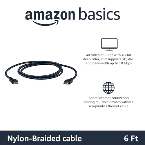 Image of Amazon Basics Nylon-Braided HDMI 2.0 Cable, 6ft, 4K@60Hz, 18Gbps, 2160p, 48 bit, Ethernet, Compatible with TV /PS5 /Xbox /Roku /Blu-ray, Black & Blue, 5-Pack