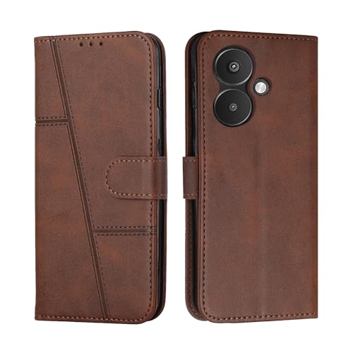 Image of Compatible for Redmi 13C 5G Flip Cover Leather Finish | Inside TPU with Card Pockets | Wallet Stand | Complete Protection Flip Case Brown