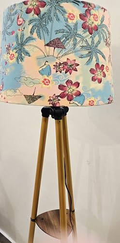 Image of Modern Tripod Floor Lamp with Storage Shelves, Floral Lampshade, Brass Finish, Wood Base, for Living Room, Bedroom
