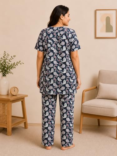 Image of KIAWAH Women Printed Night Suit Set, Cotton Blend Night Suit, A-Line Top and Pajama Set, Soft and Breathable Night Wear