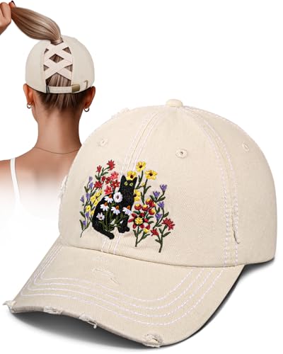 Flafens Women Pony Hats High Ponytail Baseball Caps - Cotton Vintage Washed Distressed Retro Sports Graphic Cute Fashion Summer Adjustable Criss Cross Trucker Hat for Ladies Girls, Cat Flower