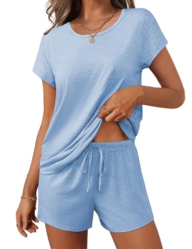 Image of Ekouaer Women 2 Piece Pajamas Set Short Sleeve Comfy Lounge Set Round Neck Tops and Shorts Pjs with Pockets