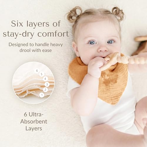 Image of Konssy 10 Pack Baby Muslin Bandana Bibs for Drooling and Teething | 100% Cotton Bibs for Boy Girl, Soft Absorbent 6-Layer Thick Cloth, Pre-Washed Less Shrinkage, Newborn Infant Toddler