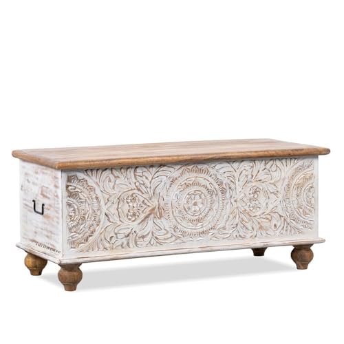 Image of Natura Solid Wood Coffee Table for Living Room Wooden Trunk Box for Storage | Handcrafted Center Table for Living Room with Sandook Storage | Pitara for Home (White Distress and Natural)