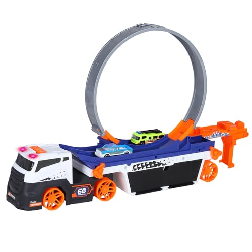 Image of Turbo Track Ejection Car Transporter Truck Toy with Stunt Loop & 2 Racing Cars | Light & Sound Multi-Level Launcher Vehicle Playset for Kids, Collectors & Adults