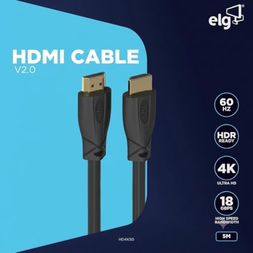 Image of Elg HDMI Cable 2.0, 4K@ 60Hz UHD Resolution,5 Meter, 18 GBPS Ultra High Speed, eARC, 3D,Male-to-Male,Compatible with All HDMI-Enabled Devices - HD4K50 ELG