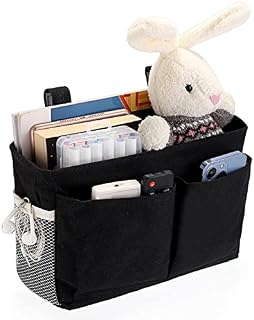 IGNPION Canvas Bedside Hanging Storage Bed Pockets Baskets-Adjustable Hanging Tape Dormitory Bed Organiser Caddy Mulit-purpose Hanging Storage Bag for Home Office School Dorm Hospital, Black