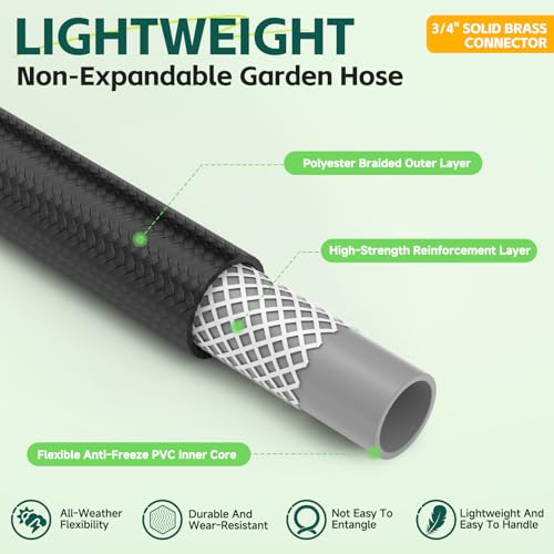 Image of Non-Expandable Garden Hose 75 ft, Ultra Lightweight & Flexible Water Hose, Full Length Leak-Proof Design, High-Density Fabric & Shut-Off Valve, Hose Straps