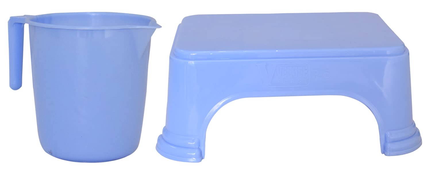 Kuber Industries 2 Pieces Unbreakable Virgin Plastic Multipurpose Bathroom Stool & Mug Set (Blue) (B097ZX5GSR) Amazon Price History, Amazon Price Tracker