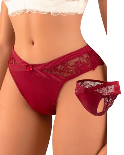 Banamic Women Floral Lace G-String Thong Panties Sexy T Back Stertchy Panties Wine Red