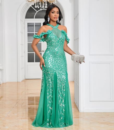 Image of Cololura Women Sexy Sequin Halter Neck Short Sleeve Mesh Perspective Party Bodycon Evening Cocktail Maxi Dress