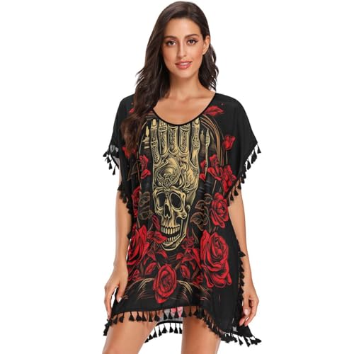 Red Rose Skull Hand Women's Beach Cover Up Chiffon Tassel Swimwear Swimsuit Coverups for Girl