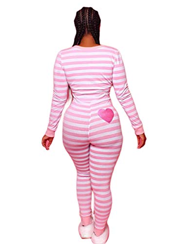 Seyurigaoka Women's Striped One Piece Pajamas Valentine Jumpsuit Heart Sleepwear Holiday Rompers Clubwear Nightwear(B-Pink Stripe, M)