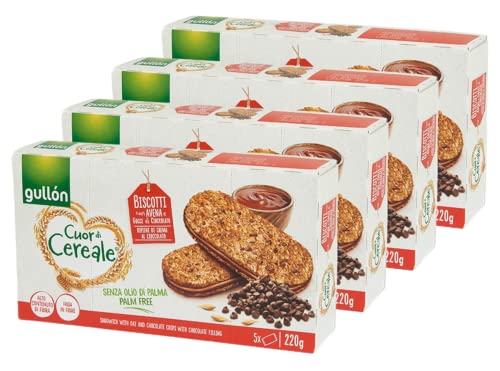 4X Gullon Cuor di Cereale Biscotti con Avena e Gocce di Cioccolato Ripieni di Crema al Cioccolato 220g [4 Confezioni]