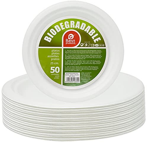 Best Product 100 Platos Blancos Redondos De 25 Cm, Fabricado Con Fibra Natural Caña De Azúcar, Platos Desechables Para Postre. Reciclable, Biodegradables Y Compostables, 100% Ecologicos