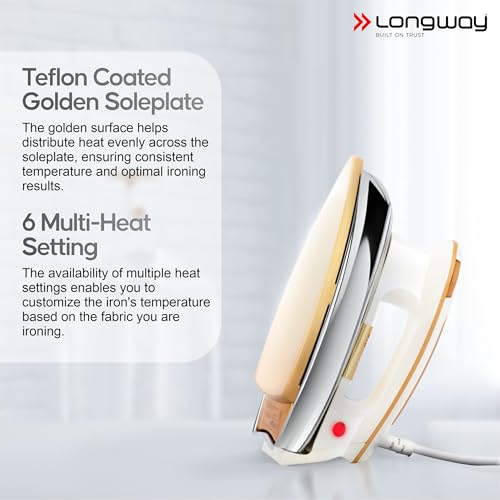 Image of Longway Plancha Heavy Weight Non-Stick Teflon Coated Dry Iron, Electric Iron for Clothes (1200 Watt, Ivory, 2 Years Warranty)