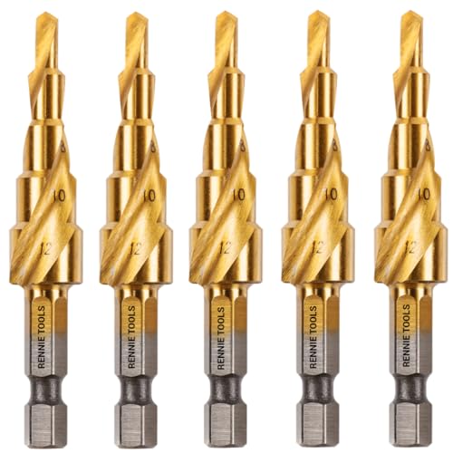 5 Pack - 4mm to 12mm Spiral Flute Step Drill Bits High Speed Steel Titanium Coated, Metric Hex Shank, HSS Tool Set for DIY Plastic Wood Steel Metal Aluminum. Cone Cutter Hole Cutter Drill Bits